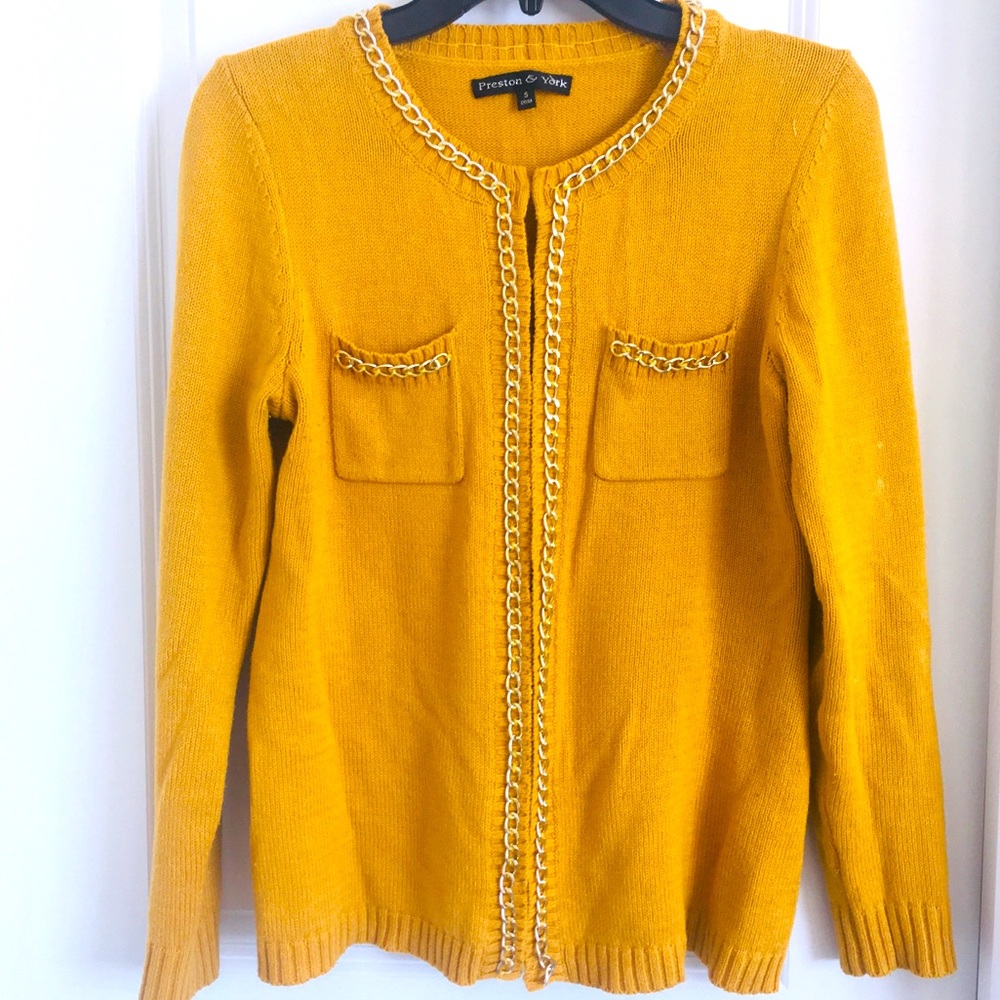 Preston & York women’ mustard color cardigan gold chain details size small